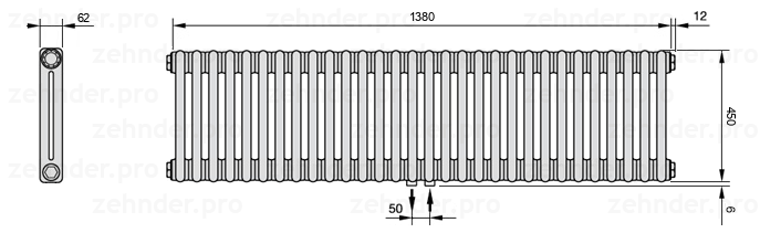 Схема (чертеж) Радиатор Zehnder Charleston 2045/30 №5410 Белый глянцевый RAL 9016